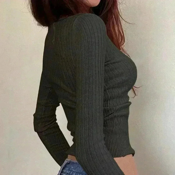 Black Casual Women's Solid Button Half Turtleneck Long Sleeve Sweater - Picture 2 of 4